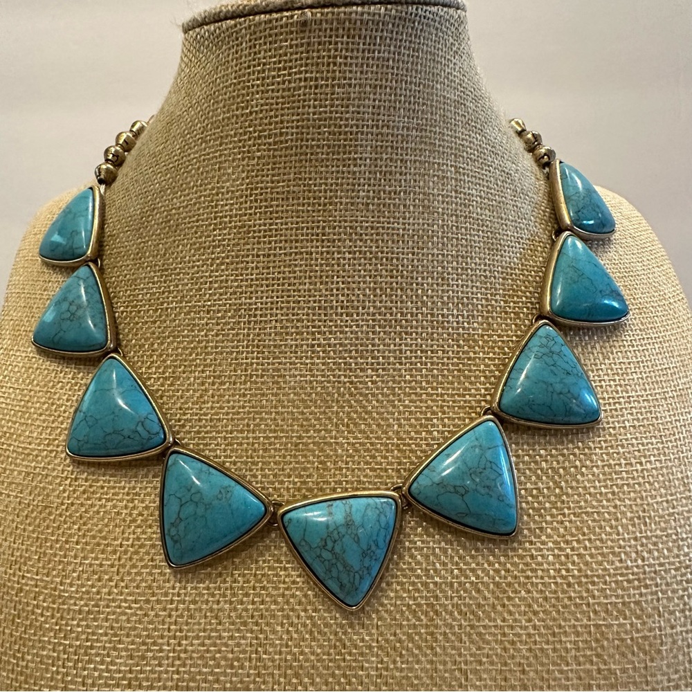 Lucky Brand Boho Necklace- turquoise stone triangles, antique gold beaded chain